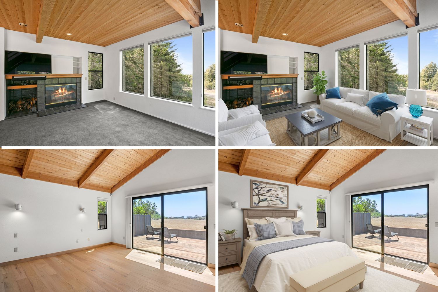 Before and after staging photos of modern living room and bedroom with ocean views.
