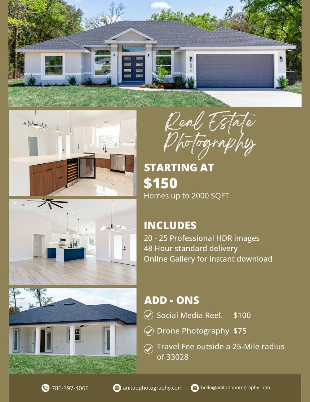 Real estate photography flyer starting at $150 for homes up to 2000 sqft, including HDR images and drone add-ons.