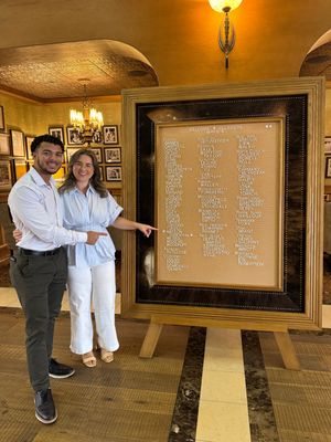 A couple pointing at a large framed list display board inside an upscale restaurant interior.