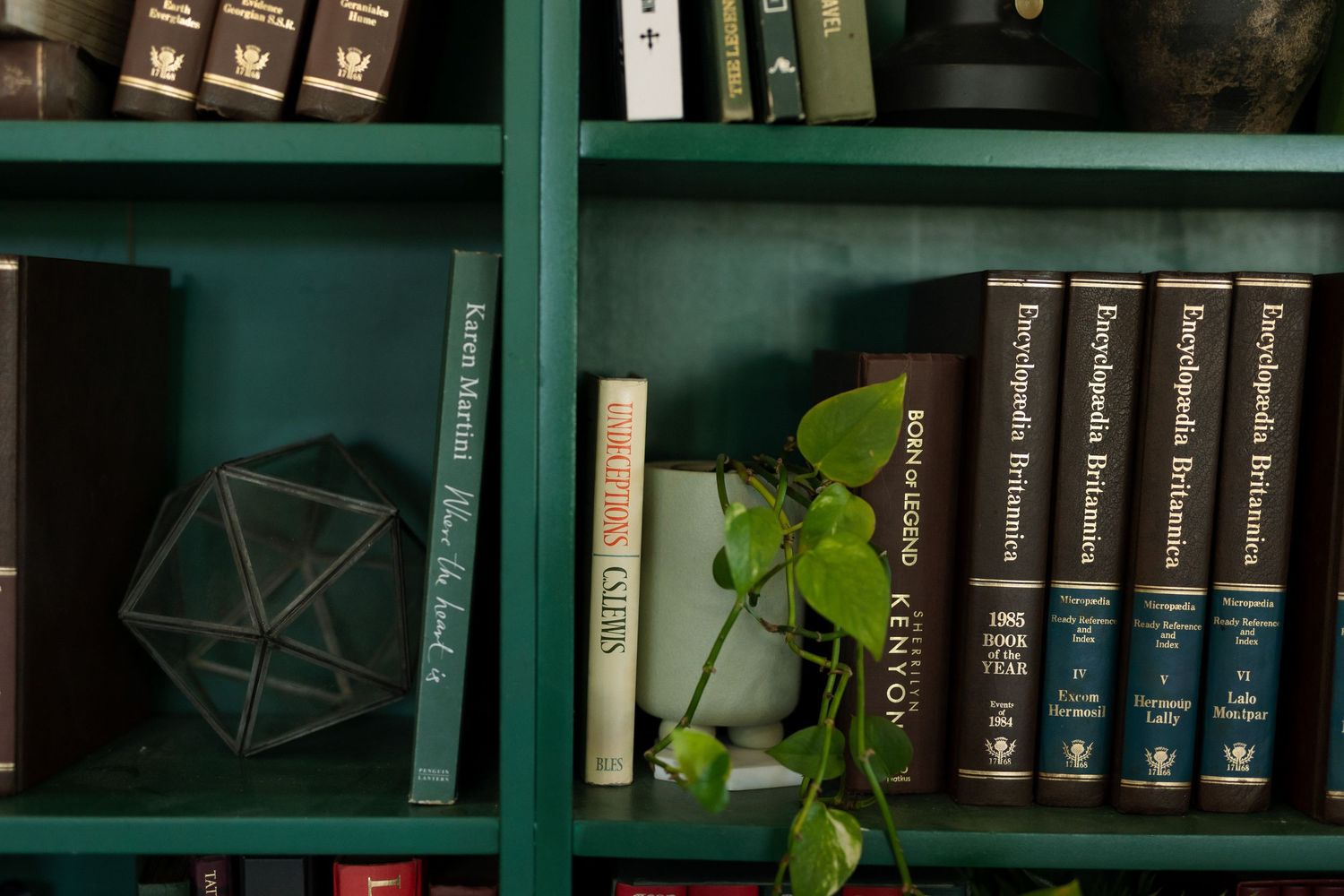 Green bookshelf with encyclopedias, decorative books, geometric terrarium, and trailing pothos plant in a cozy library setting.