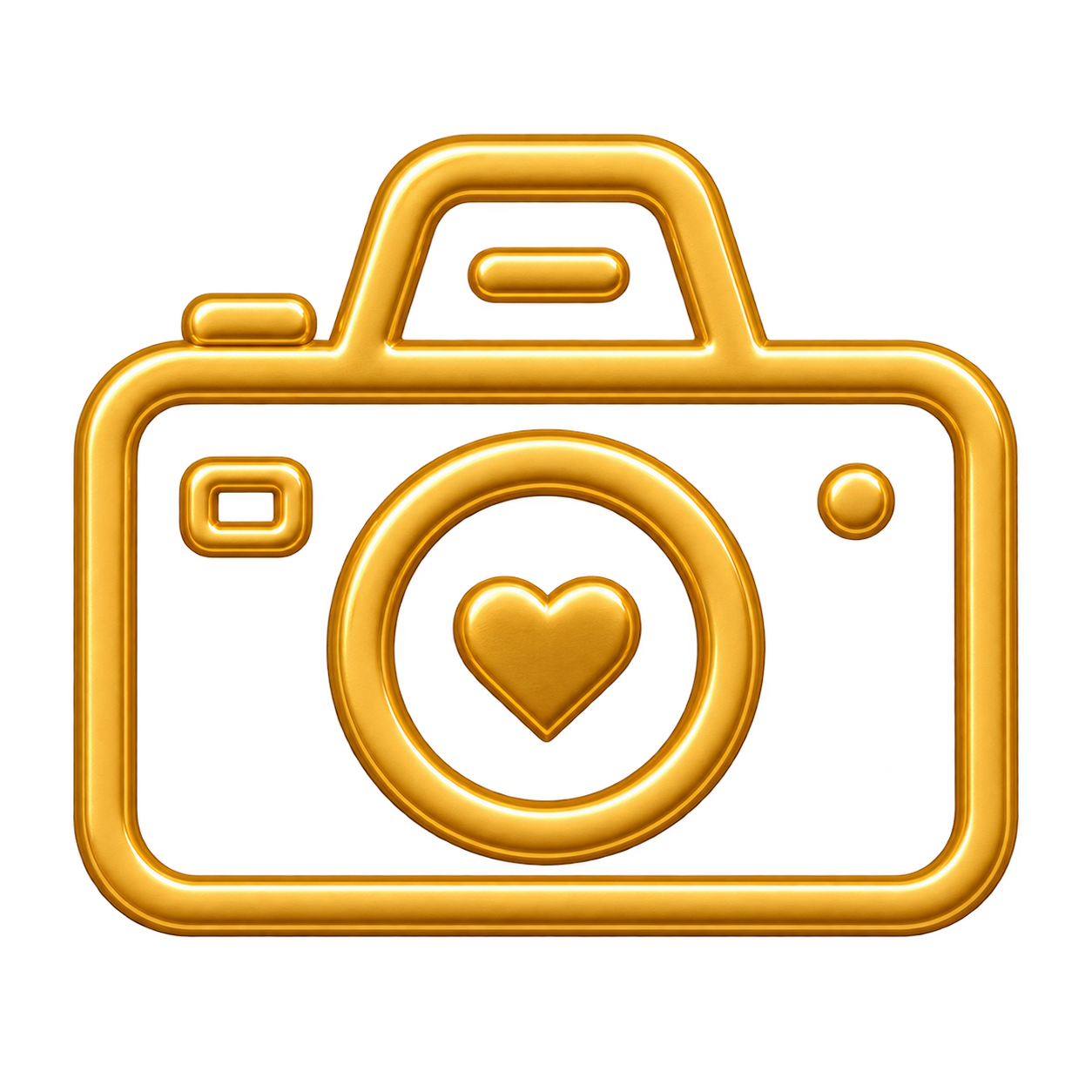 Golden 3D camera icon with a heart symbol on the lens, perfect for photography and love-themed designs.