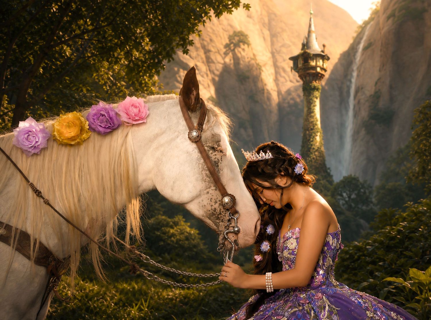 A girl in a purple gown poses with a white horse near a fairy tale tower and waterfall in an enchanted forest.