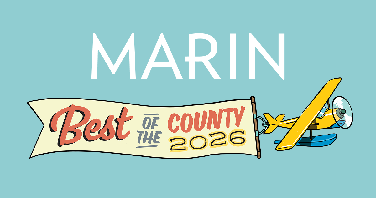 Marin Best of the County 2026 award logo on teal background with retro banner and yellow airplane.