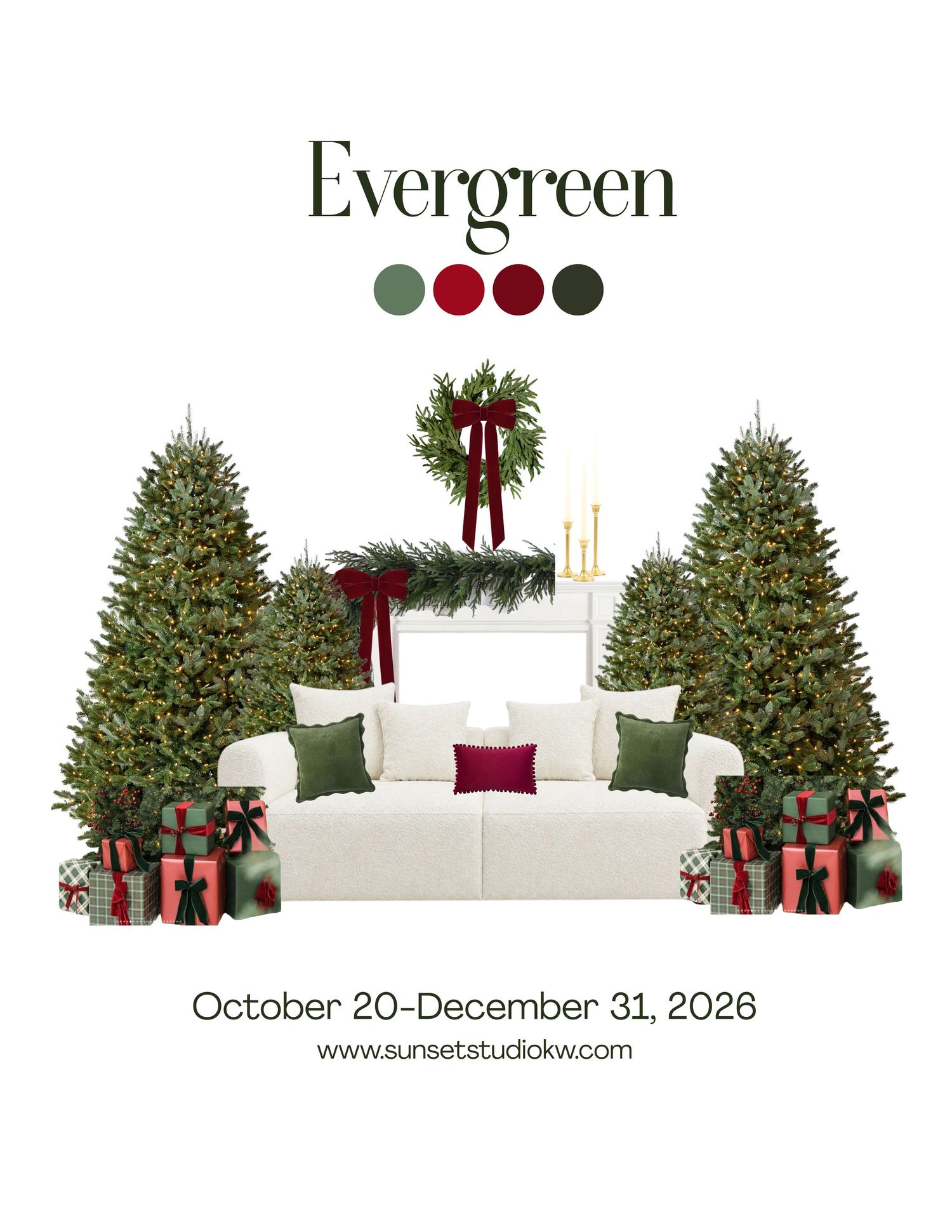 Evergreen holiday decor display with Christmas trees, wreath, white sofa, and gifts, October 20-December 31, 2026.