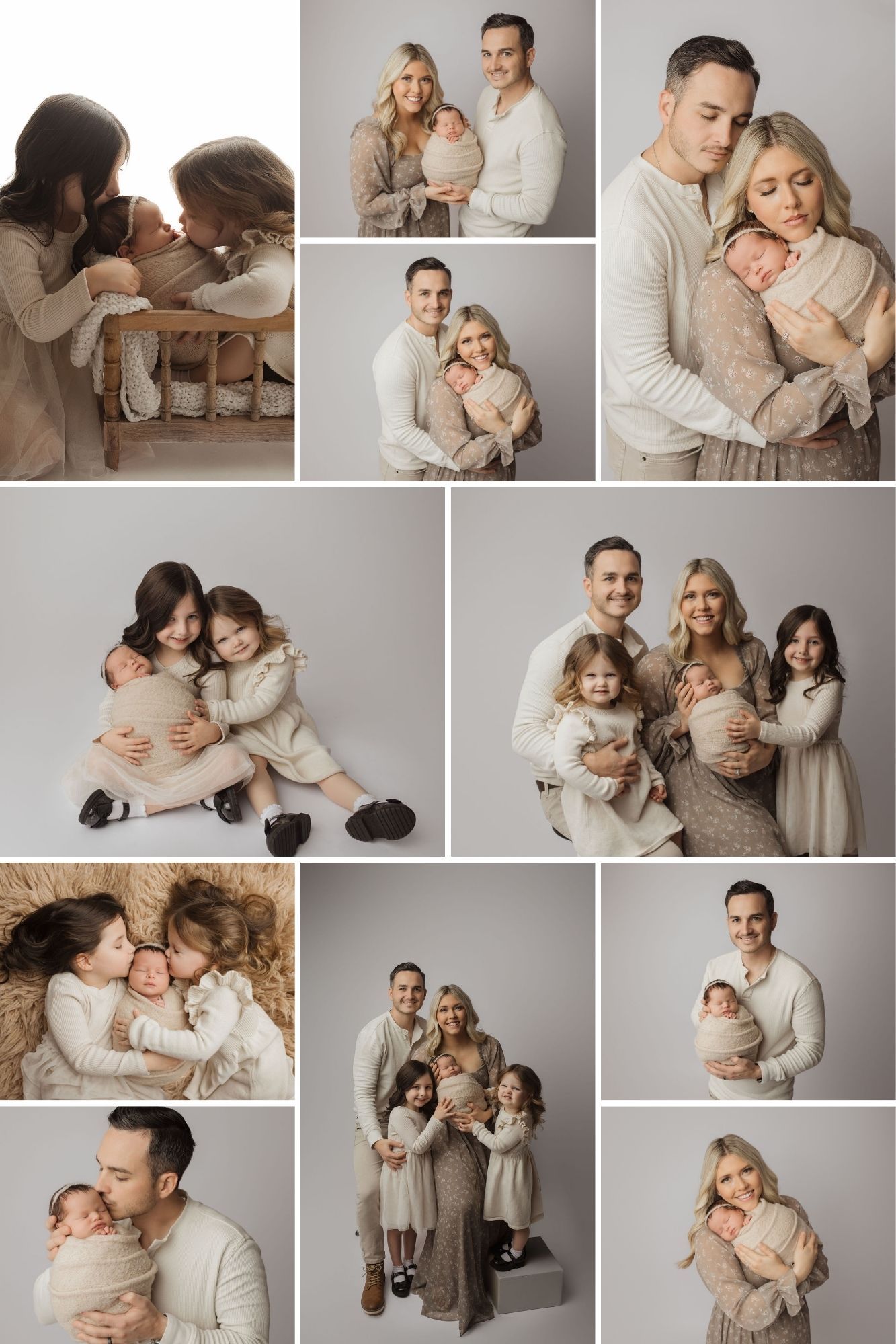 Family portrait with parents, newborn baby, and two young girls in matching pink dresses against gray backdrop.