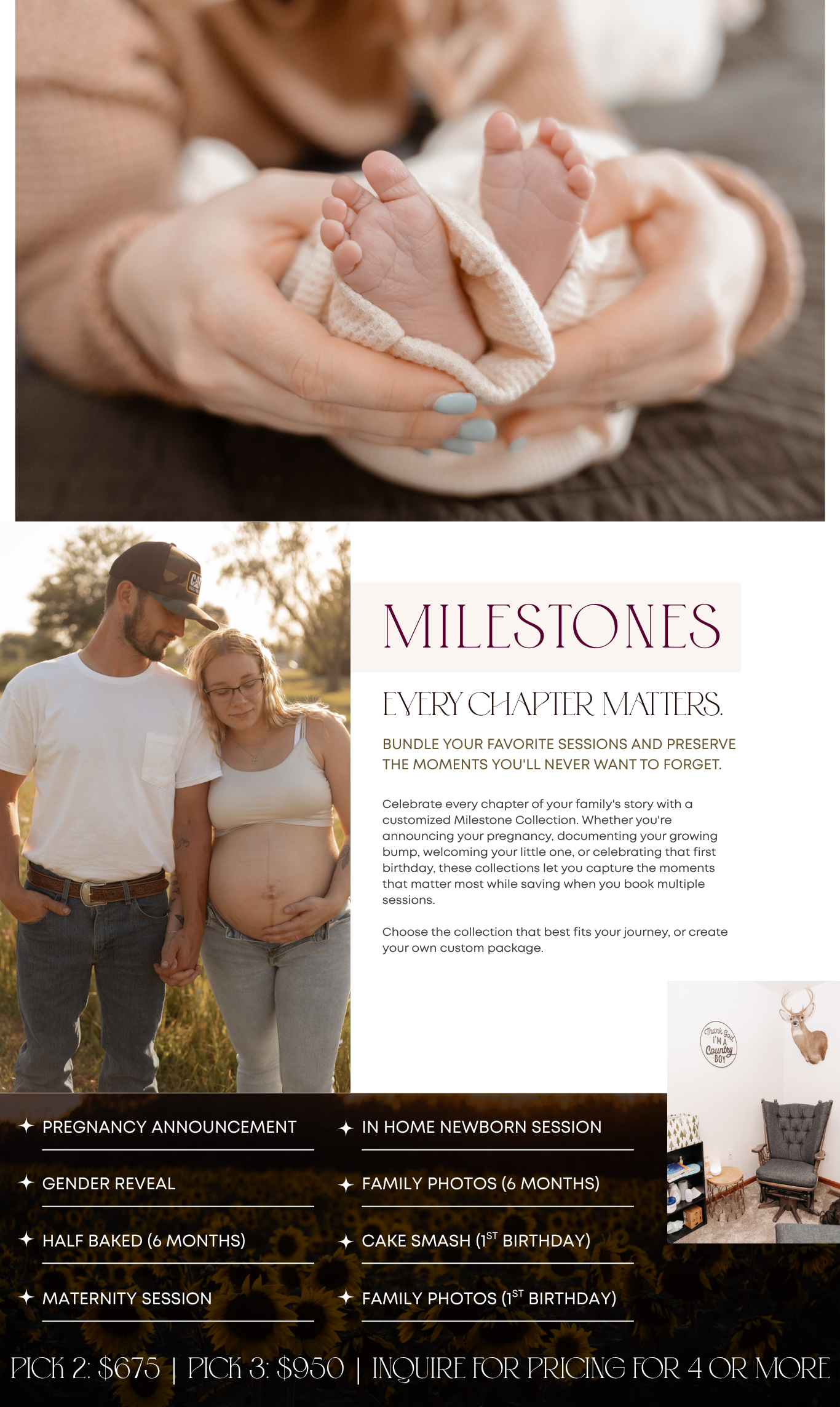 A pregnancy milestone photography package flyer featuring newborn feet, a maternity couple, and newborn session options with pricing.