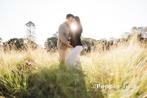 Couple embracing in golden sunlit field with tall grass, backlit by warm sunset glow, romantic outdoor photography.