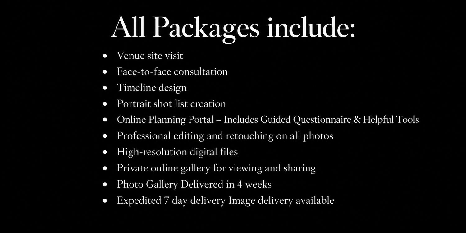 A list of all-inclusive photography packages featuring venue visits, consultations, editing, digital files, and photo gallery delivery.