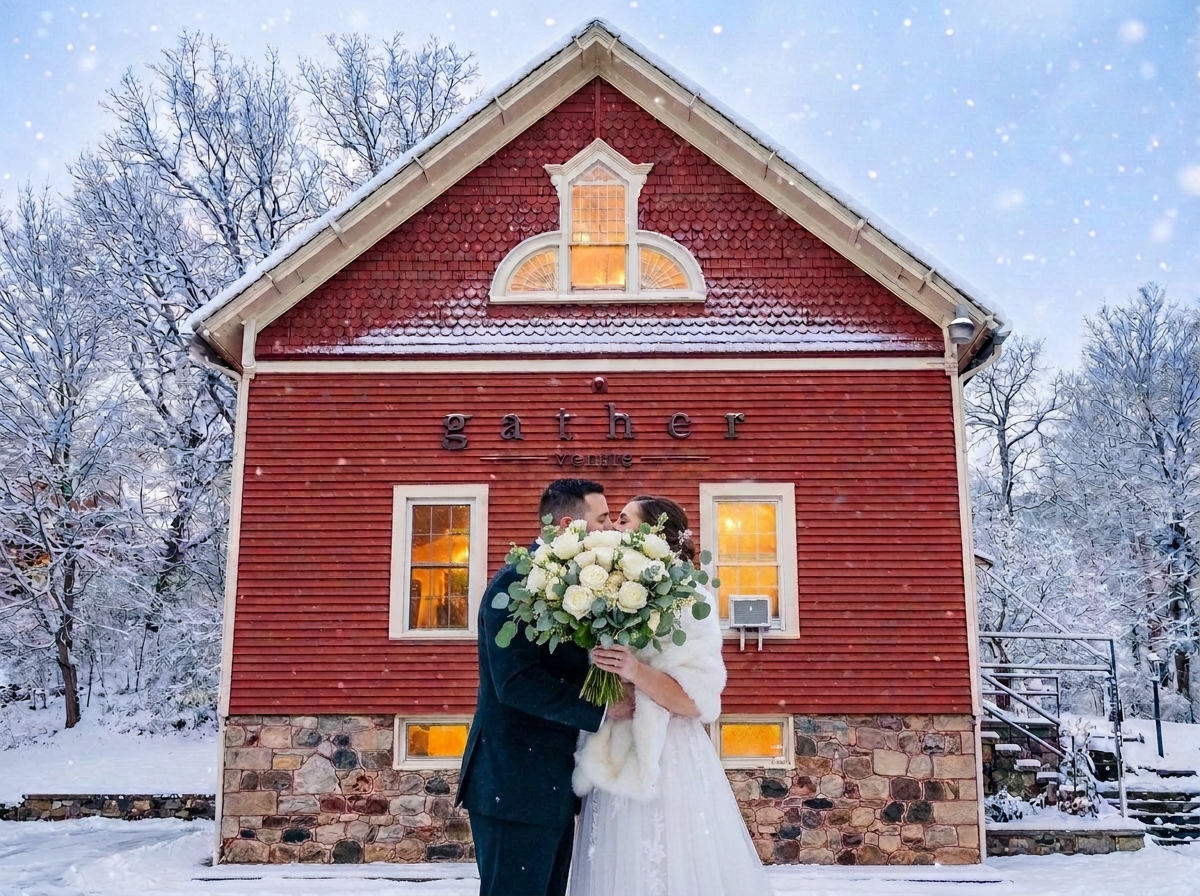 Couple kissing in front of a red barn wedding venue in a snowy winter wonderland setting.