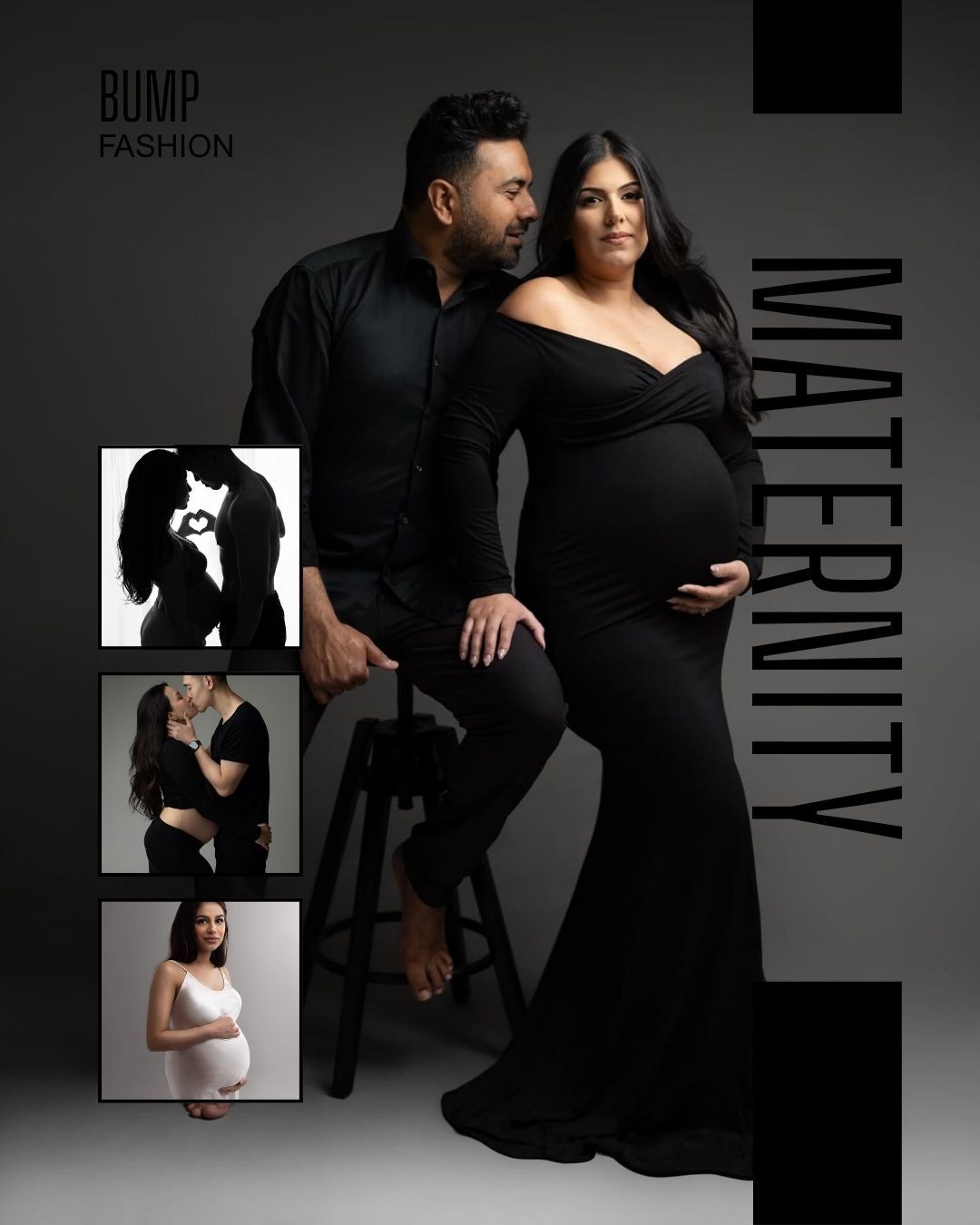 Elegant maternity photo shoot featuring a pregnant couple in black outfits, with collage of stylish bump fashion poses.