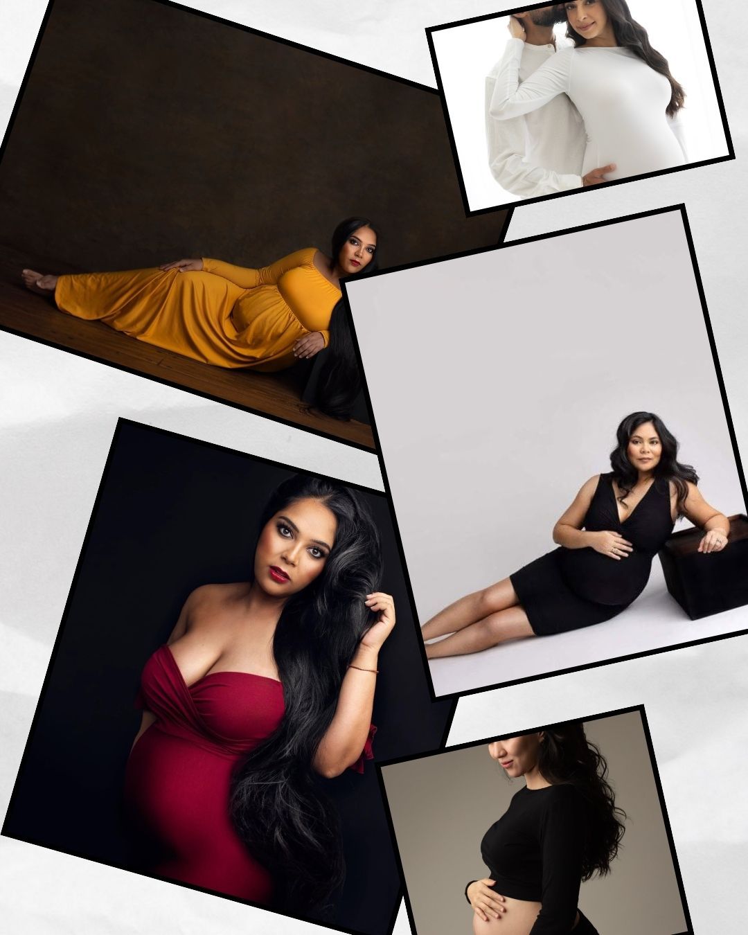 A collage of maternity photoshoot portraits featuring a woman in elegant poses wearing yellow, red, white, and black outfits.