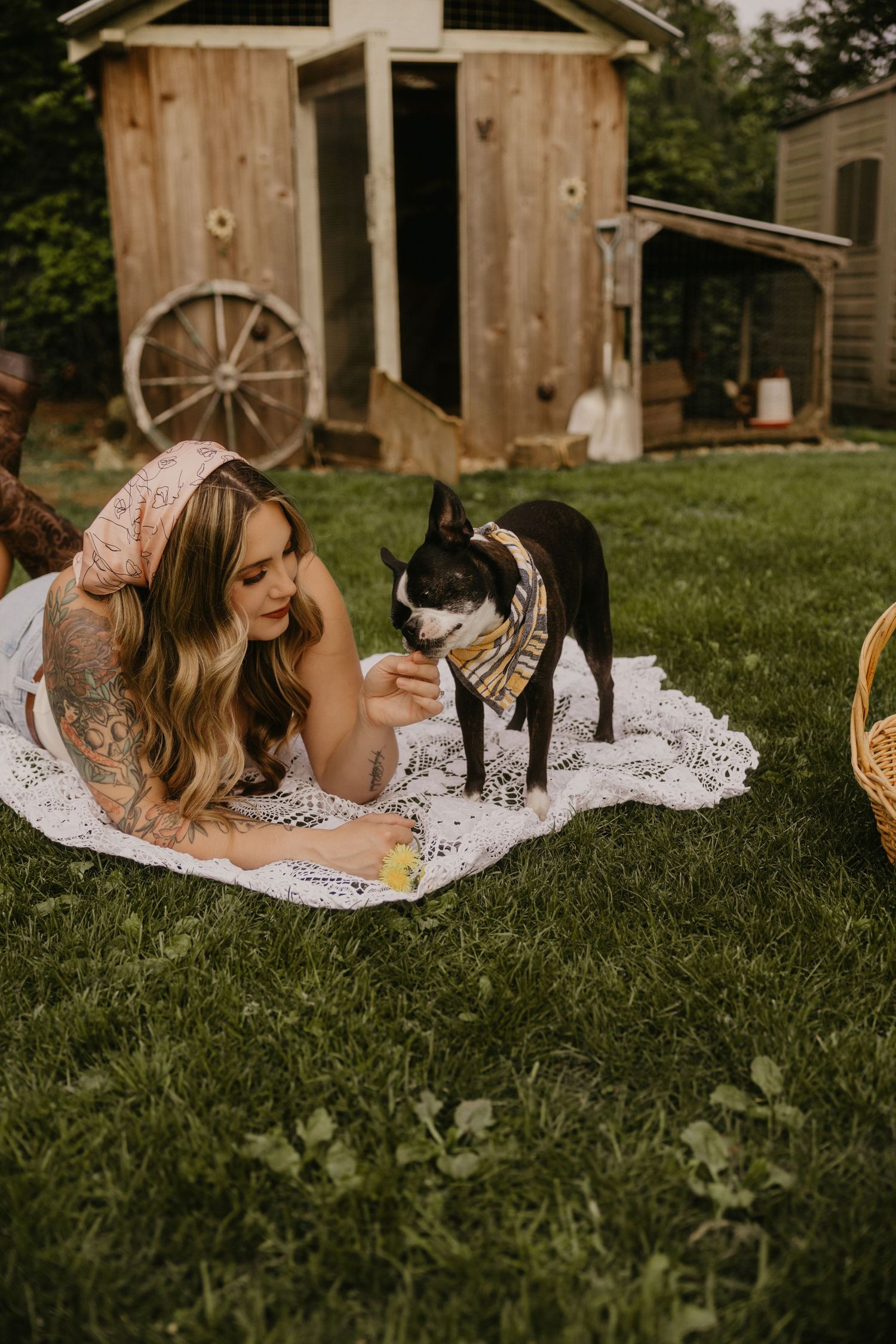 Woman lying on lace blanket in garden, feeding a Boston Terrier wearing a bandana near rustic wooden shed.