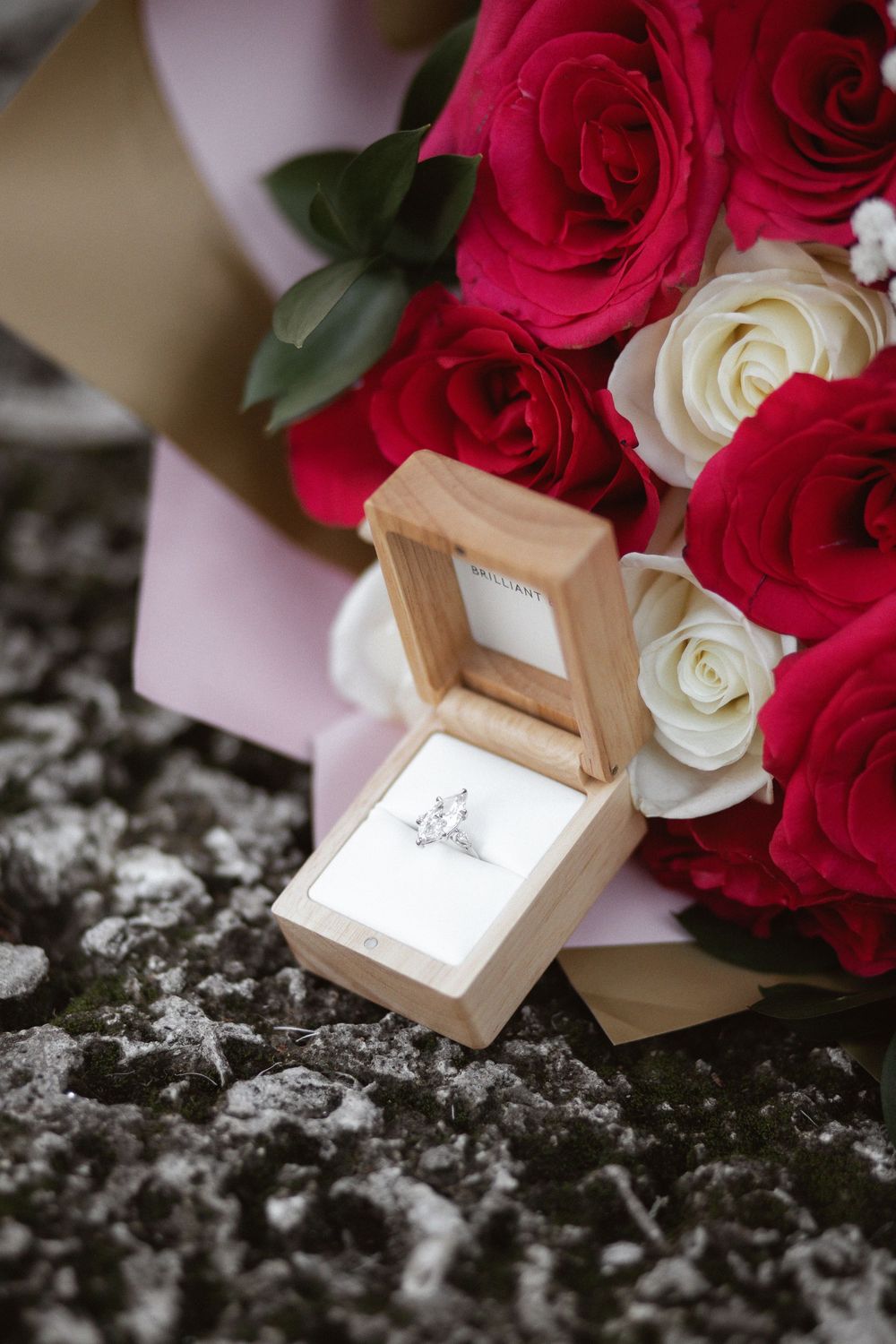 Engagment ring with bouquet of roses at The Ancient Spanish Monastery, Miami Beach