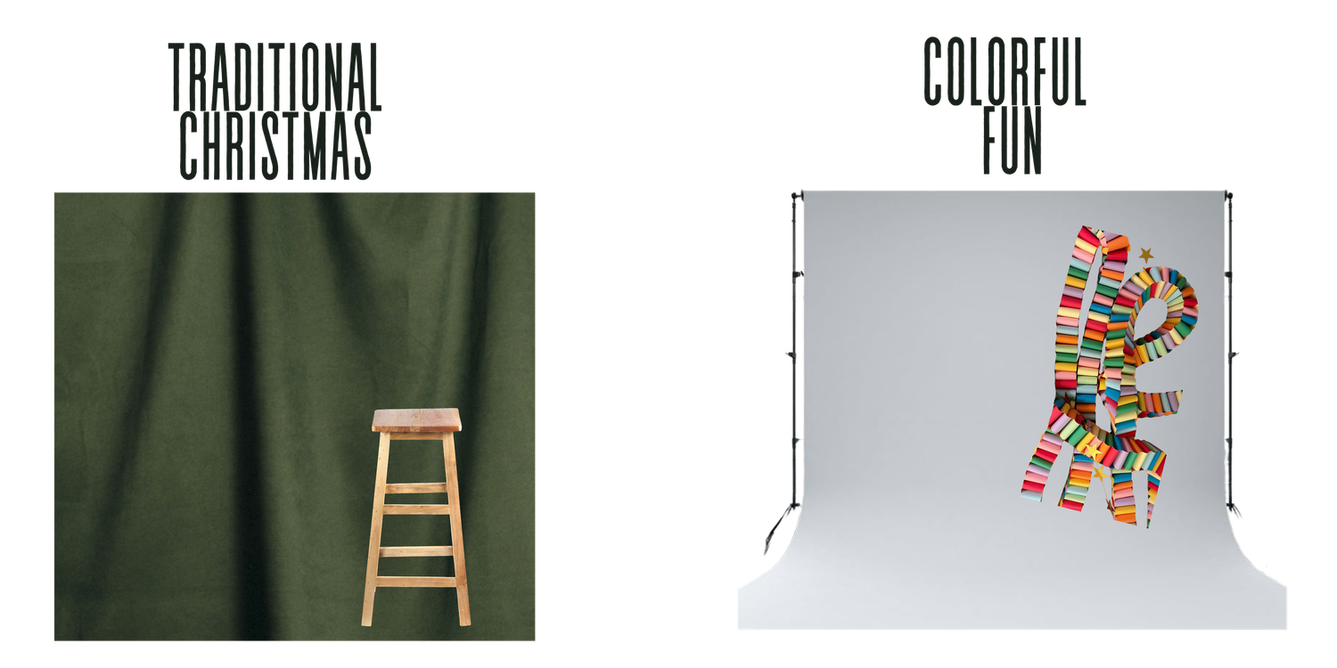 Dark green fabric backdrop with wooden stool for traditional Christmas photography setup beside colorful striped blanket on white backdrop.