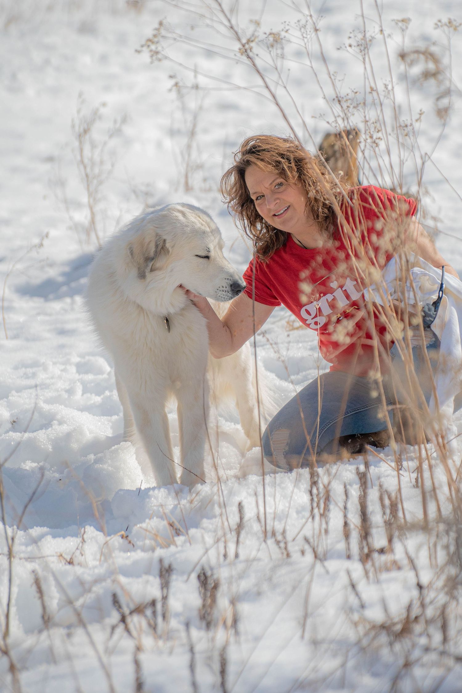 Woman in red shirt petting a white dog in snowy winter landscape with dry grass in background.