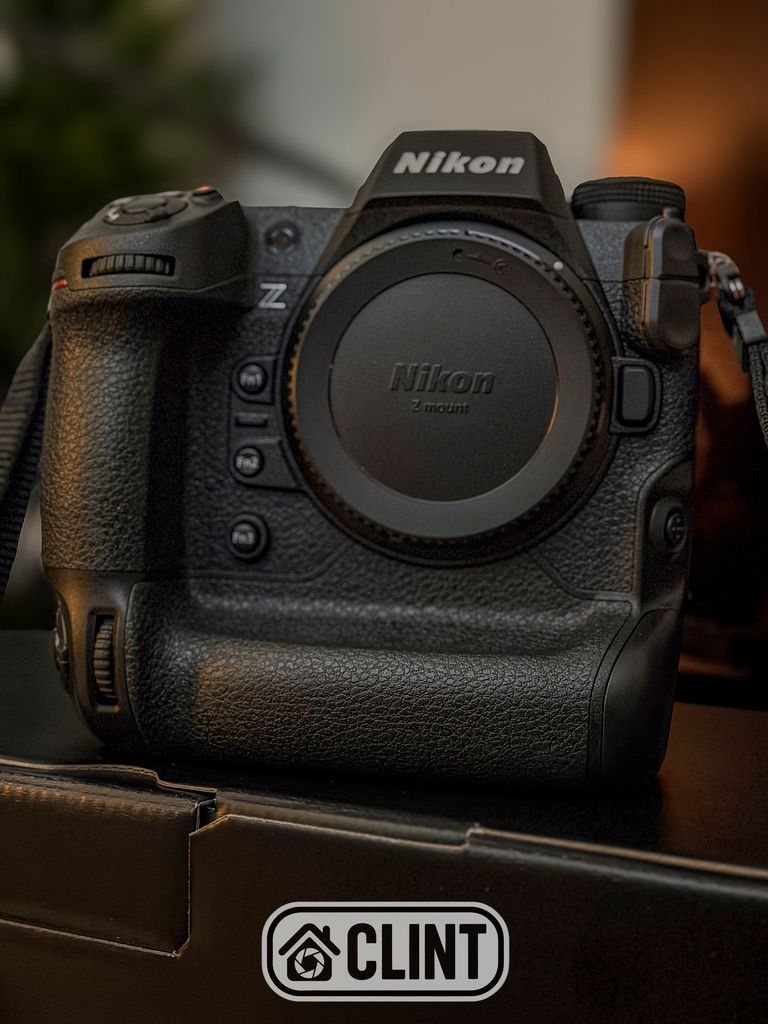 Nikon Z9 mirrorless camera body displayed on box with CLINT branding visible below.