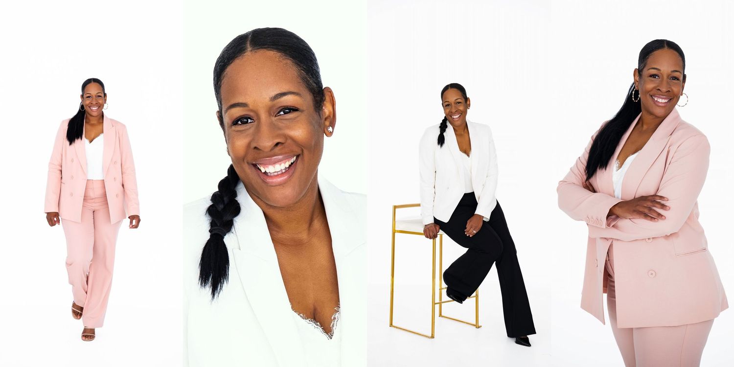 Professional woman in pink suit smiling confidently in a collage of business portrait photos on white background.