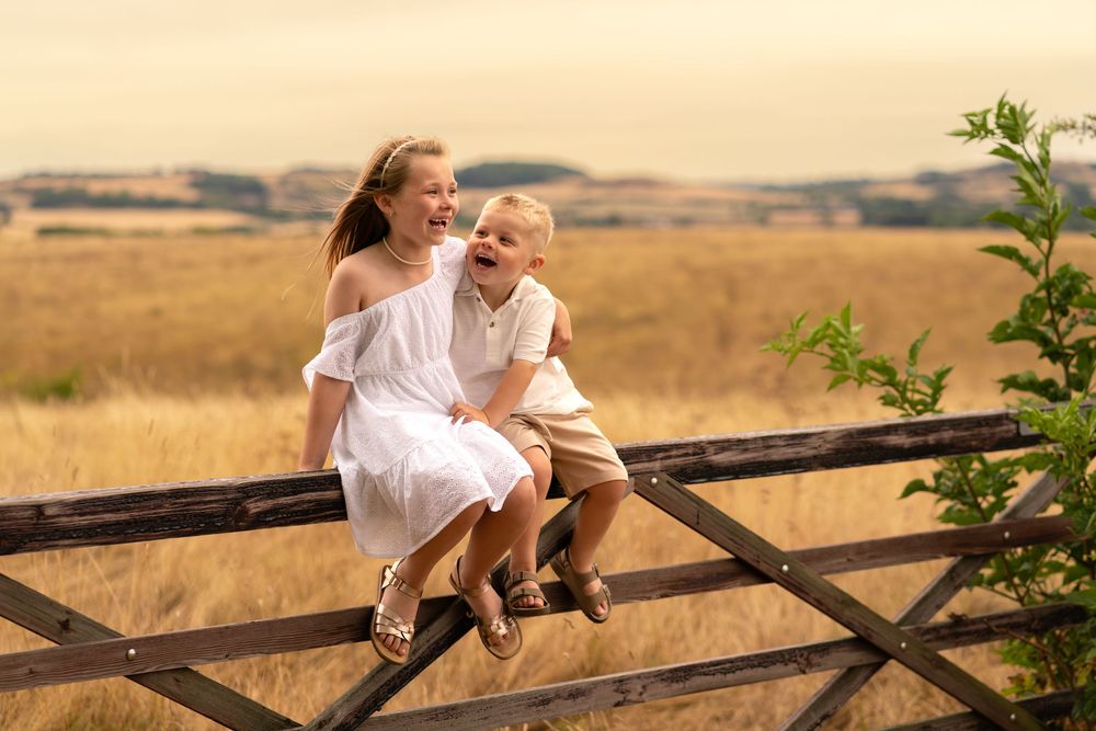 Two happy children sitting on a wooden fence laughing in a golden field countryside landscape.