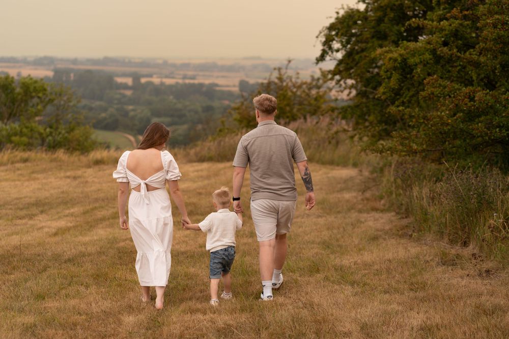 Family of three walking hand-in-hand through a golden meadow with scenic countryside views at sunset.
