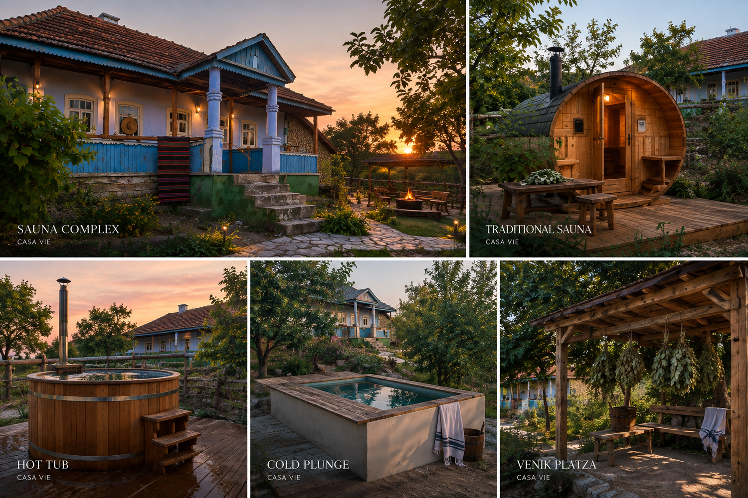 Rustic sauna complex with hot tub, cold plunge, traditional sauna barrel, and vine-covered pergola at golden sunset.
