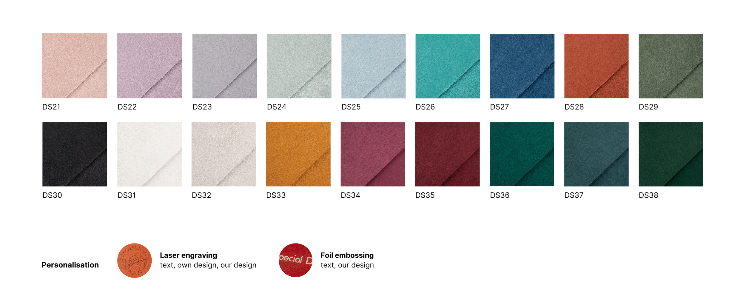 Color swatch chart showing 18 envelope shades from pink to teal with laser engraving and foil embossing personalization options.