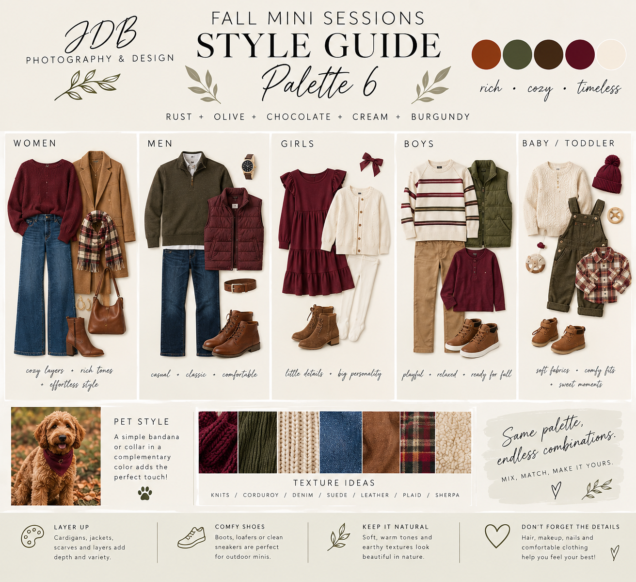 Fall mini sessions style guide palette with rust, olive, chocolate, cream, and burgundy outfit combinations for families.