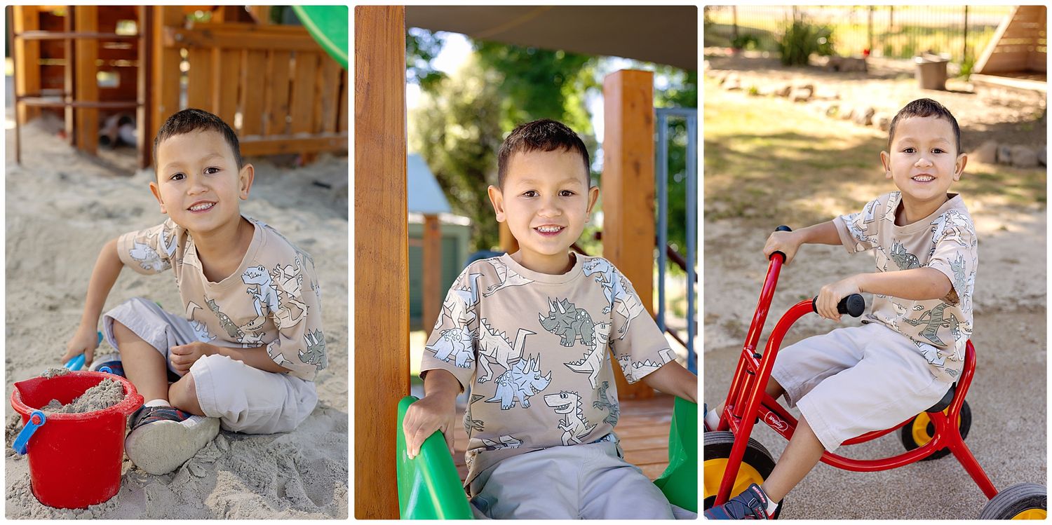 Young boy playing at a playground, smiling in three photos: sitting in sand, on a slide, and riding a red tricycle.