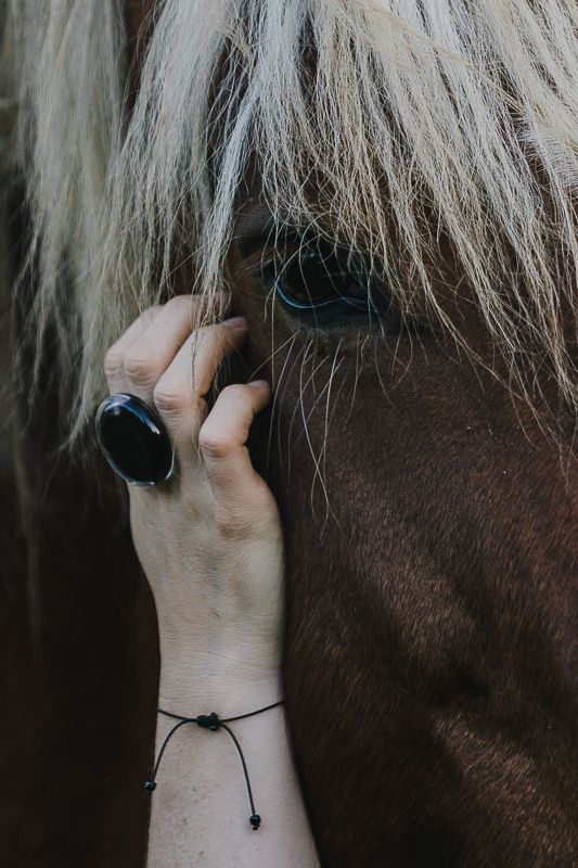 Close-up of a hand with a black stone ring and cord bracelet resting on a chestnut horse with a pale mane.