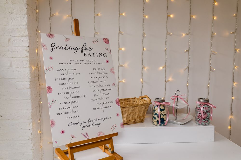 Elegant wedding seating chart on easel with fairy lights, floral design, and decorative candy jars on white shelf.