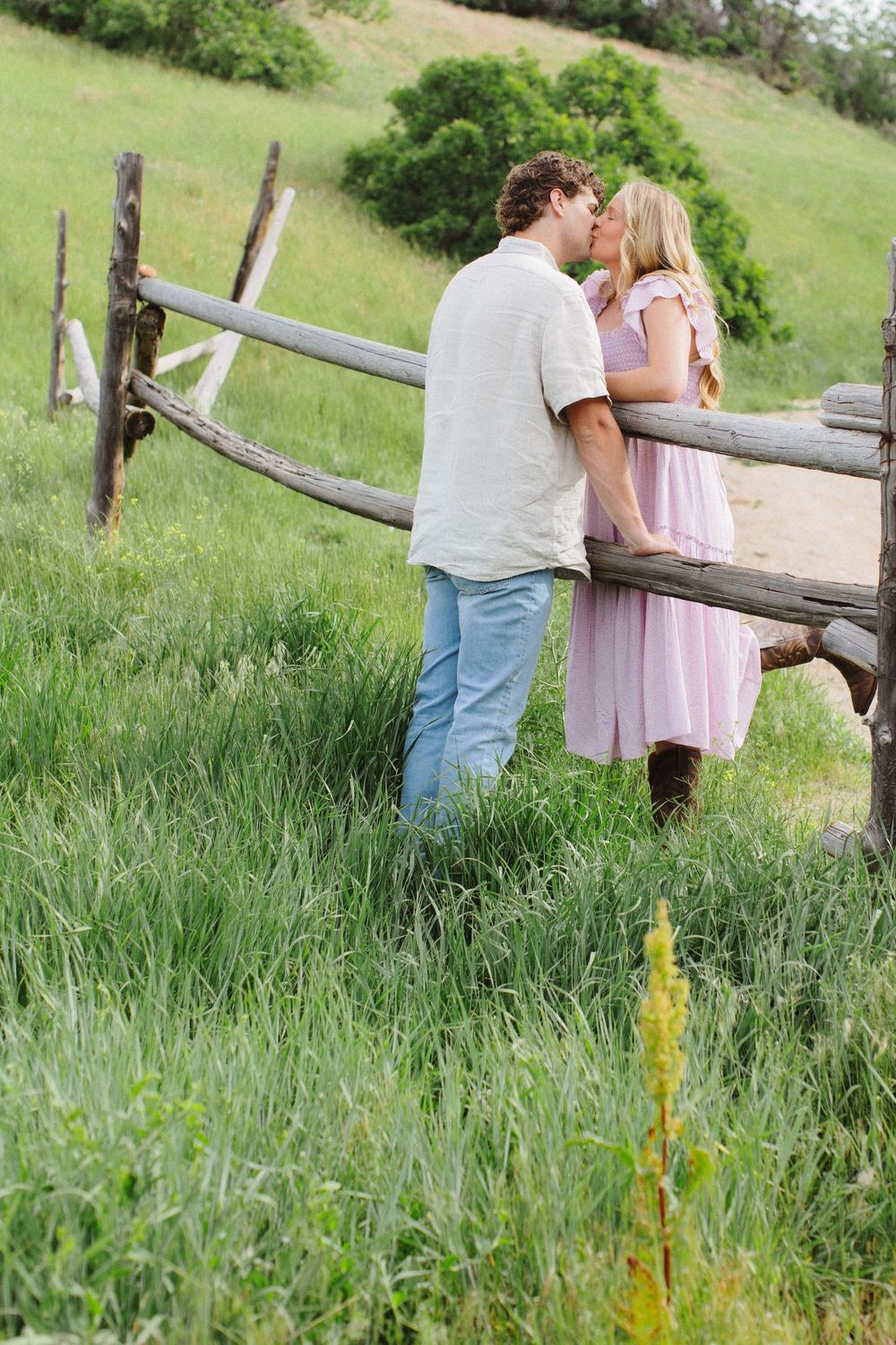 A couple shares a romantic kiss beside a rustic wooden fence in a lush green meadow, woman wearing a pink dress.