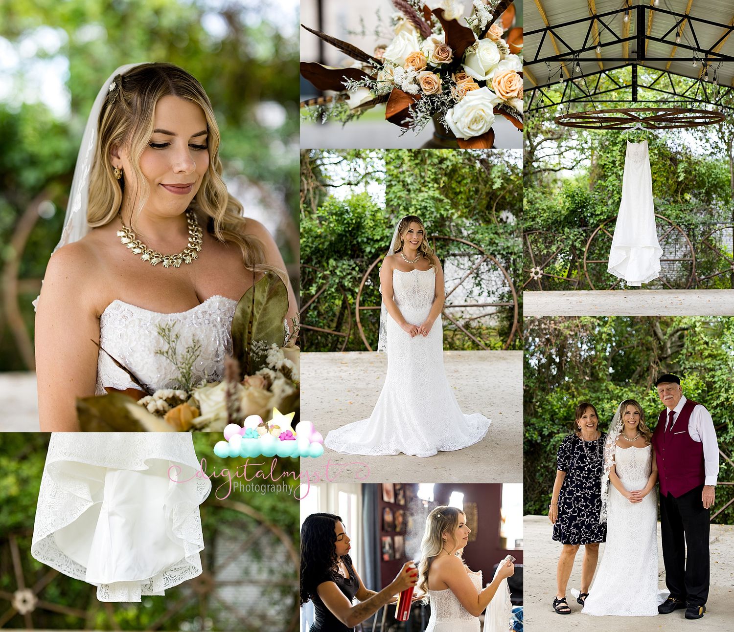 Elegant bride in strapless white gown with veil and gold necklace holding bouquet at outdoor wedding venue.
