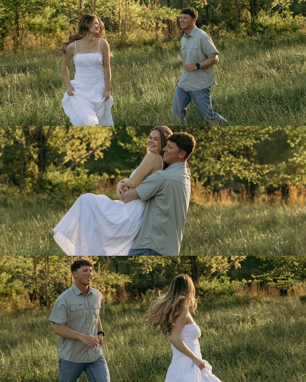 Couple in love running and embracing in a sunny green meadow, woman in white dress, man in gray shirt.