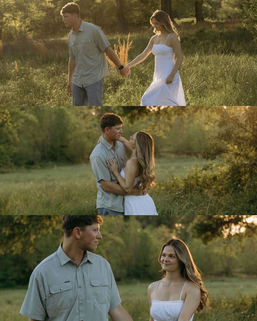 Couple holding hands walking through golden sunlit meadow in Atlanta, Georgia.