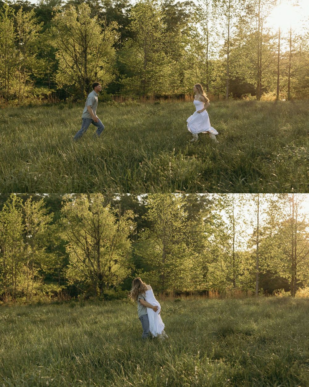 Cinematic movie scene from engagement session at golden hour in Georgia.