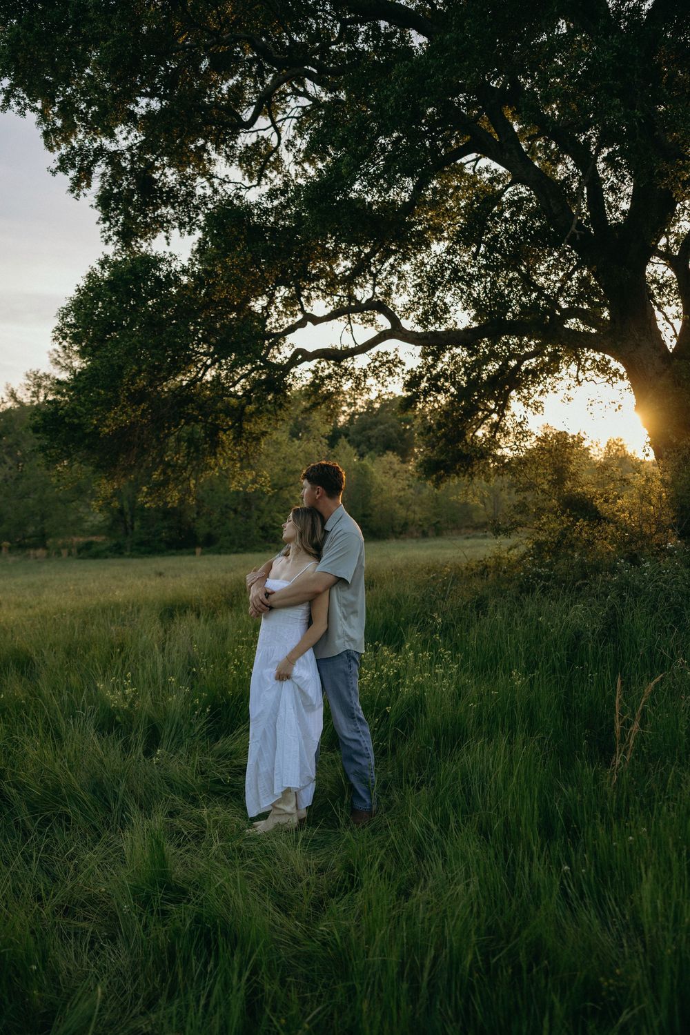 Couple embracing in a lush green field at golden sunset beneath a large oak tree during their engagement session on the farm.