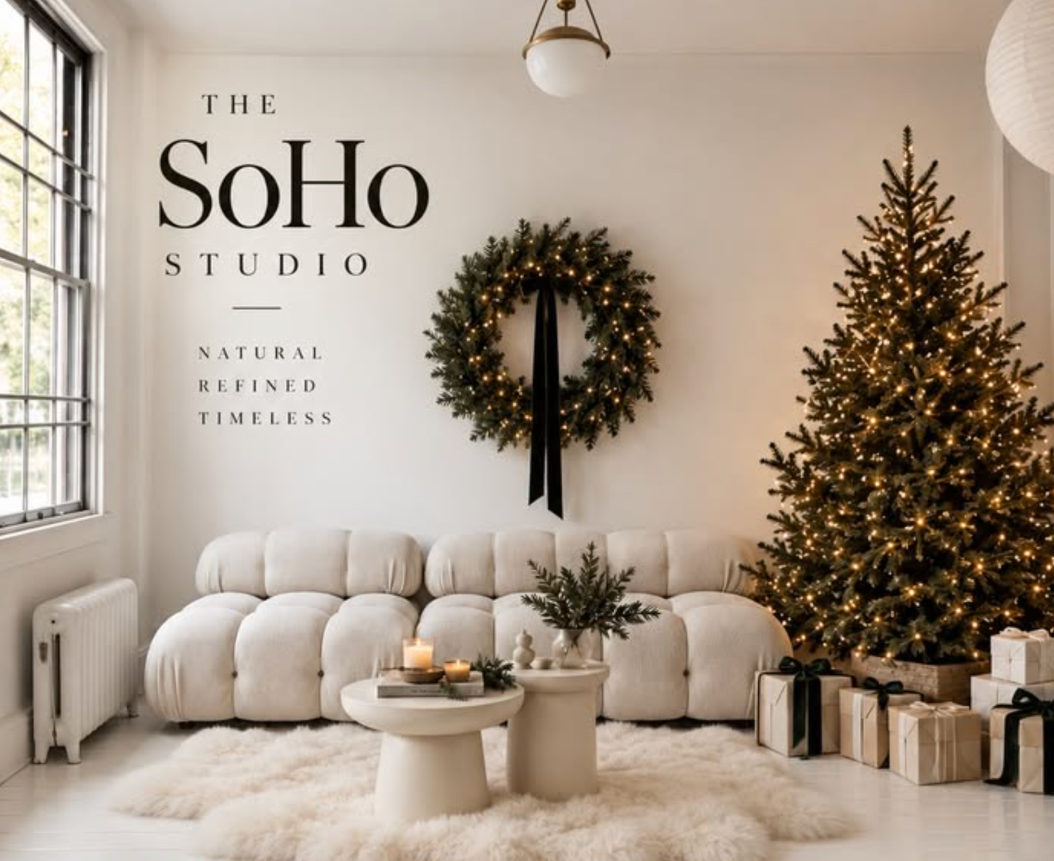 Minimalist Christmas living room with white sofa, lit tree, wreath, and gifts at The SoHo Studio.