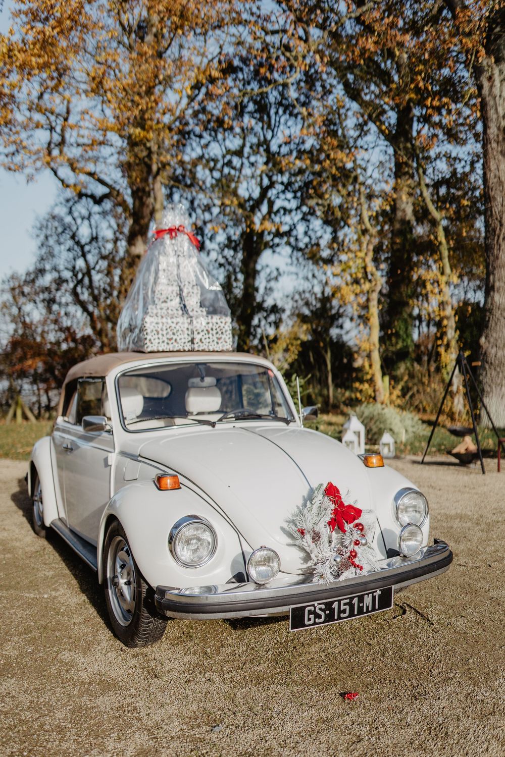 White vintage Volkswagen Beetle convertible decorated with red bows and wedding gifts on roof, parked outdoors in autumn setting.