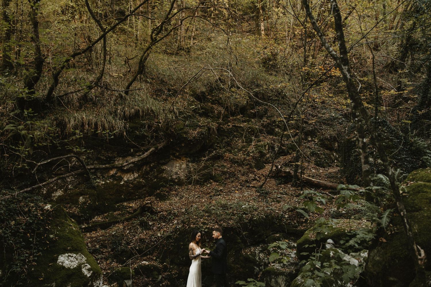 Bride and groom embracing in a lush autumn woodland landscape.