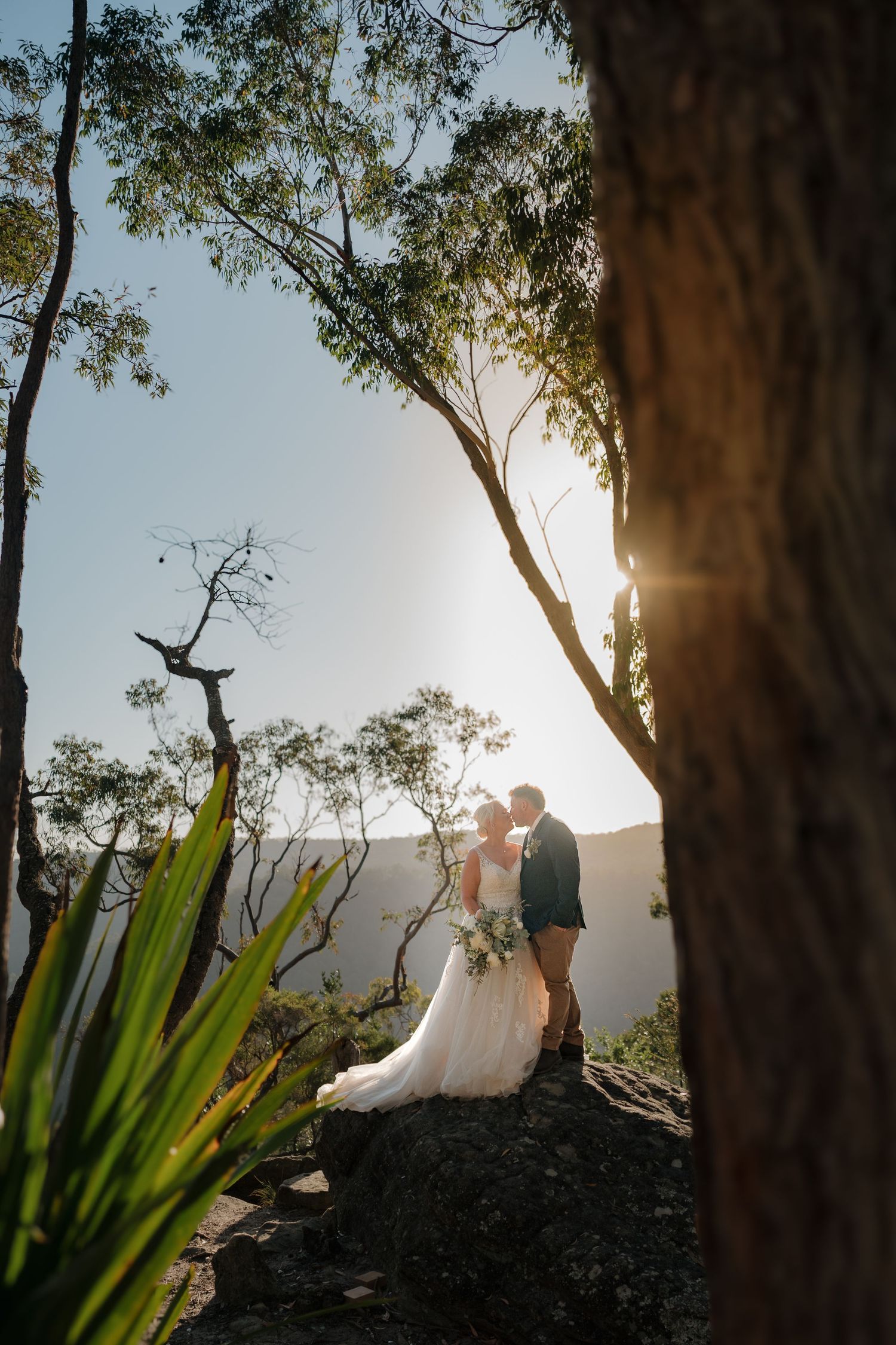 Bride and groom kissing on rocky cliff surrounded by trees with golden sunset light in scenic outdoor wedding photo.
