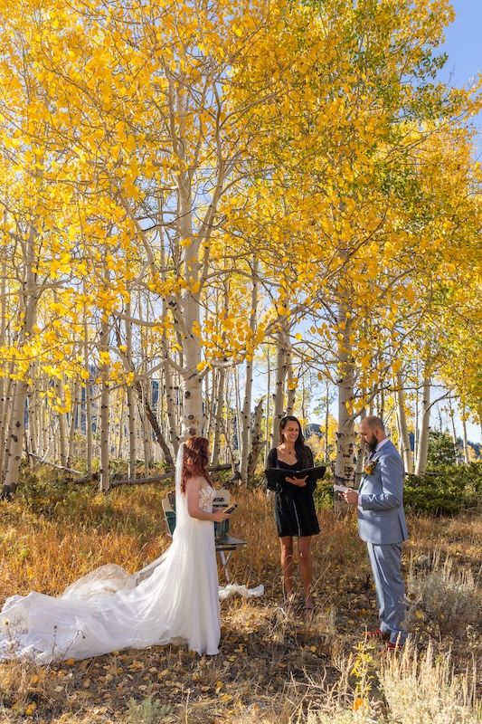 Outdoor fall wedding ceremony among golden aspen trees with bride, groom, and officiant in Colorado.