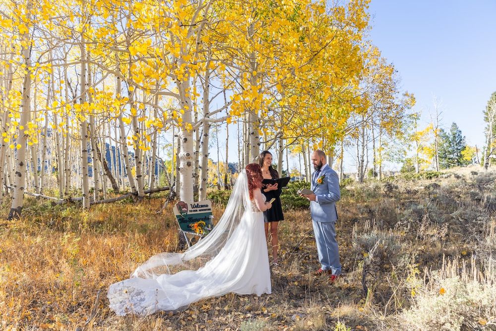 Outdoor fall wedding ceremony among golden aspen trees with bride in white gown and long veil.