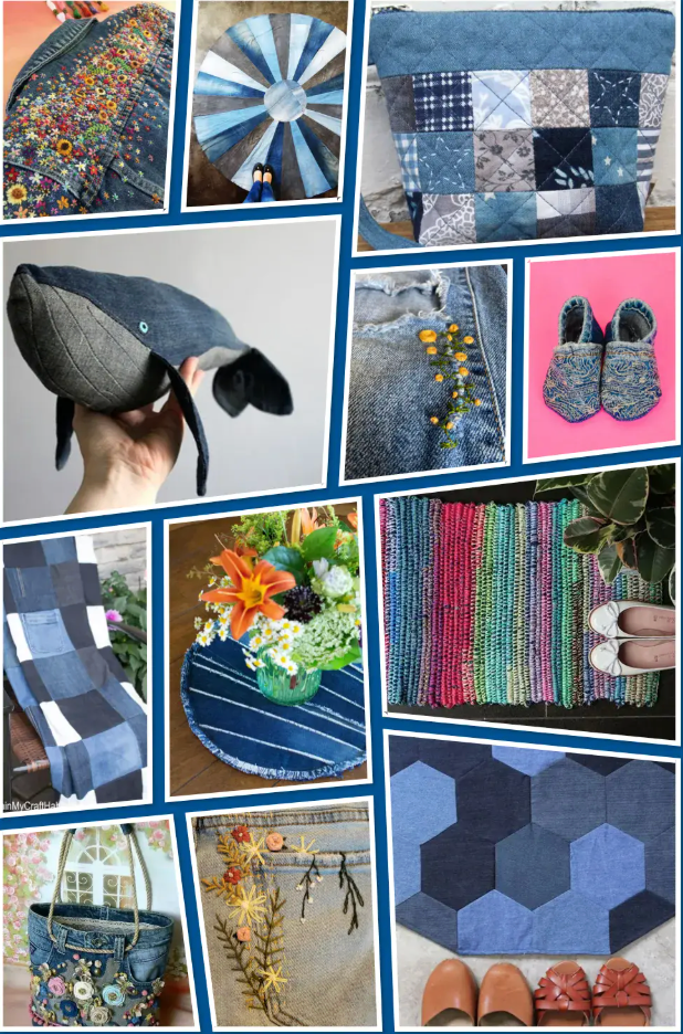 A collage of creative upcycled denim craft projects including quilts, bags, rugs, shoes, and decorative items made from recycled jeans.