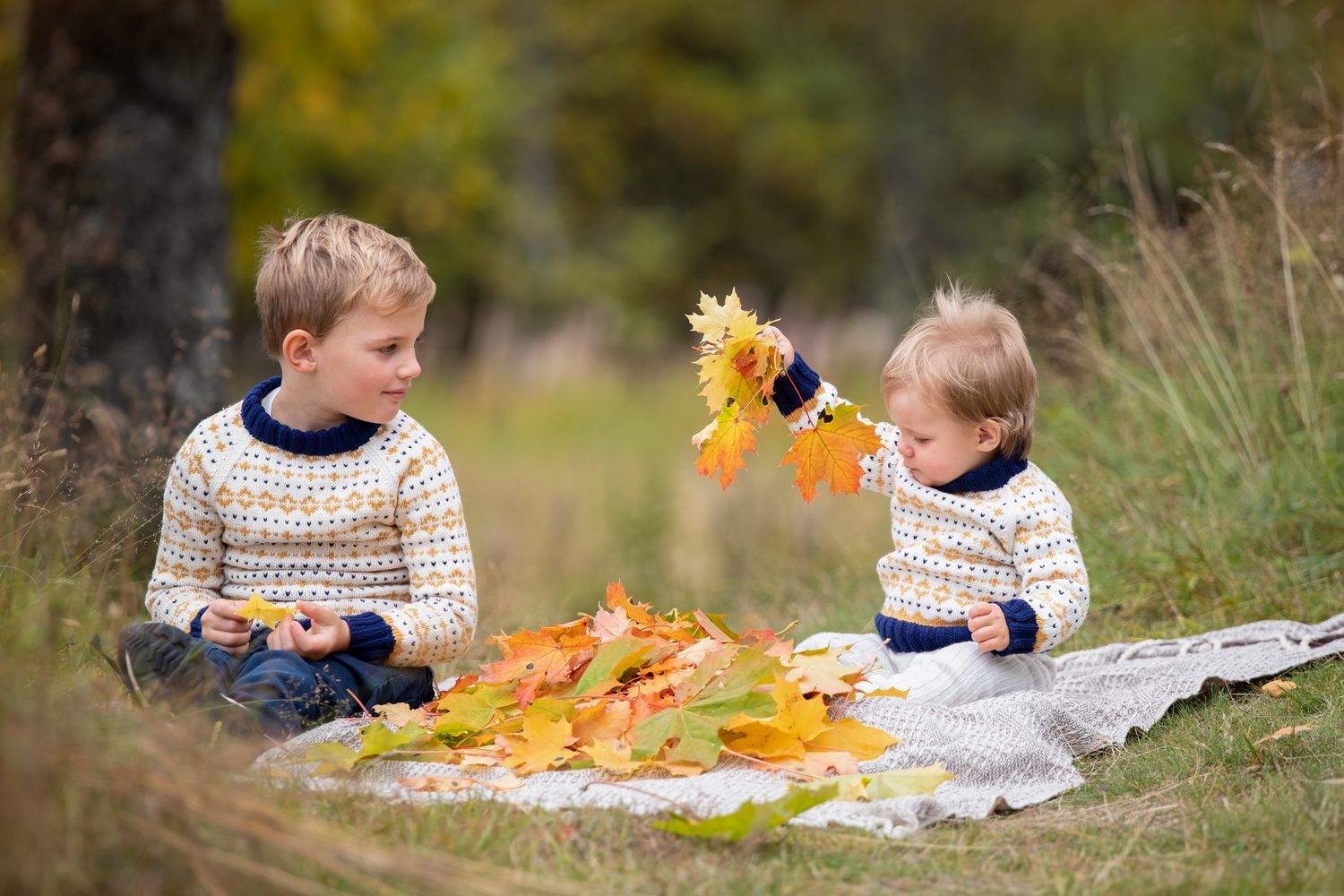 Two young children sitting on a blanket outdoors playing with colorful autumn leaves in a fall nature setting.