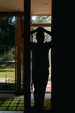 Silhouette of a person with hands on head standing in a dark doorway beside floor-to-ceiling windows overlooking a sunlit green garden.