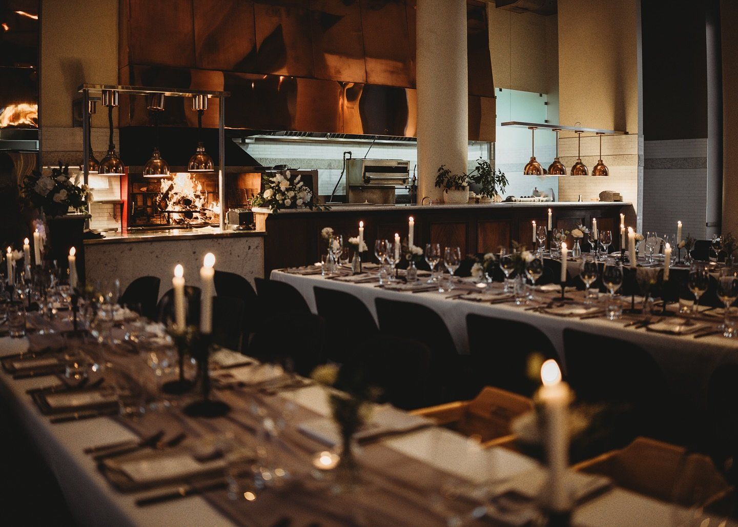 Candlelit reception tables at Teatro Calgary wedding