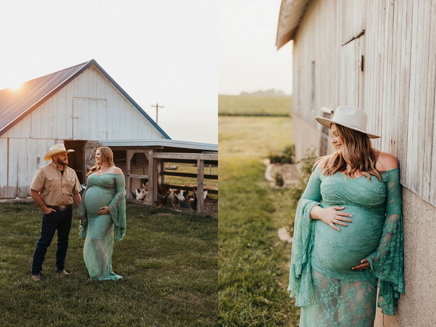 Pregnant woman in teal lace maternity gown poses with partner near rustic barn at golden hour on a farm.