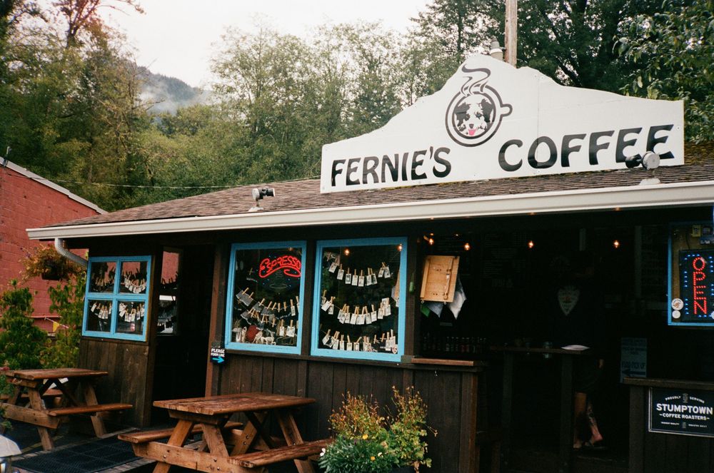 Fernie's Coffee shop exterior with colorful artwork and outdoor seating surrounded by lush greenery.