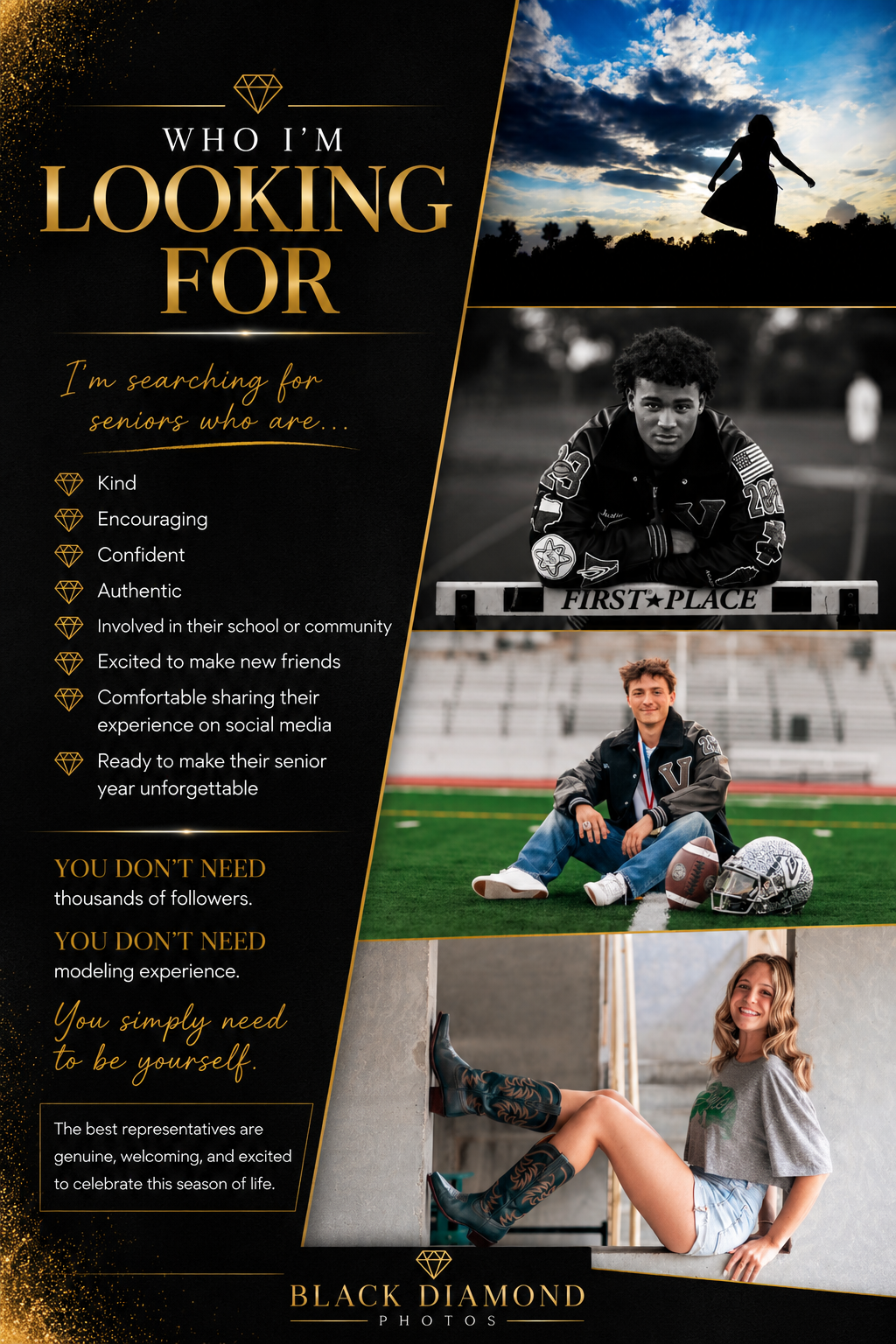 Black Diamond Photos senior portrait promotional flyer featuring three teen photos with text about qualities sought in senior models.