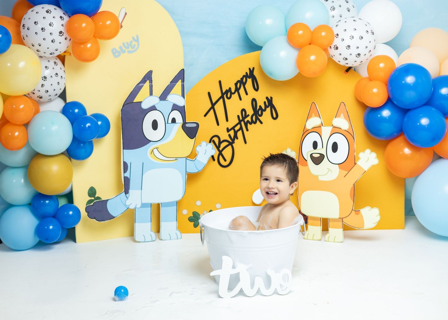 Baby sitting in a tub at a Bluey-themed second birthday party with colorful balloon garland backdrop.