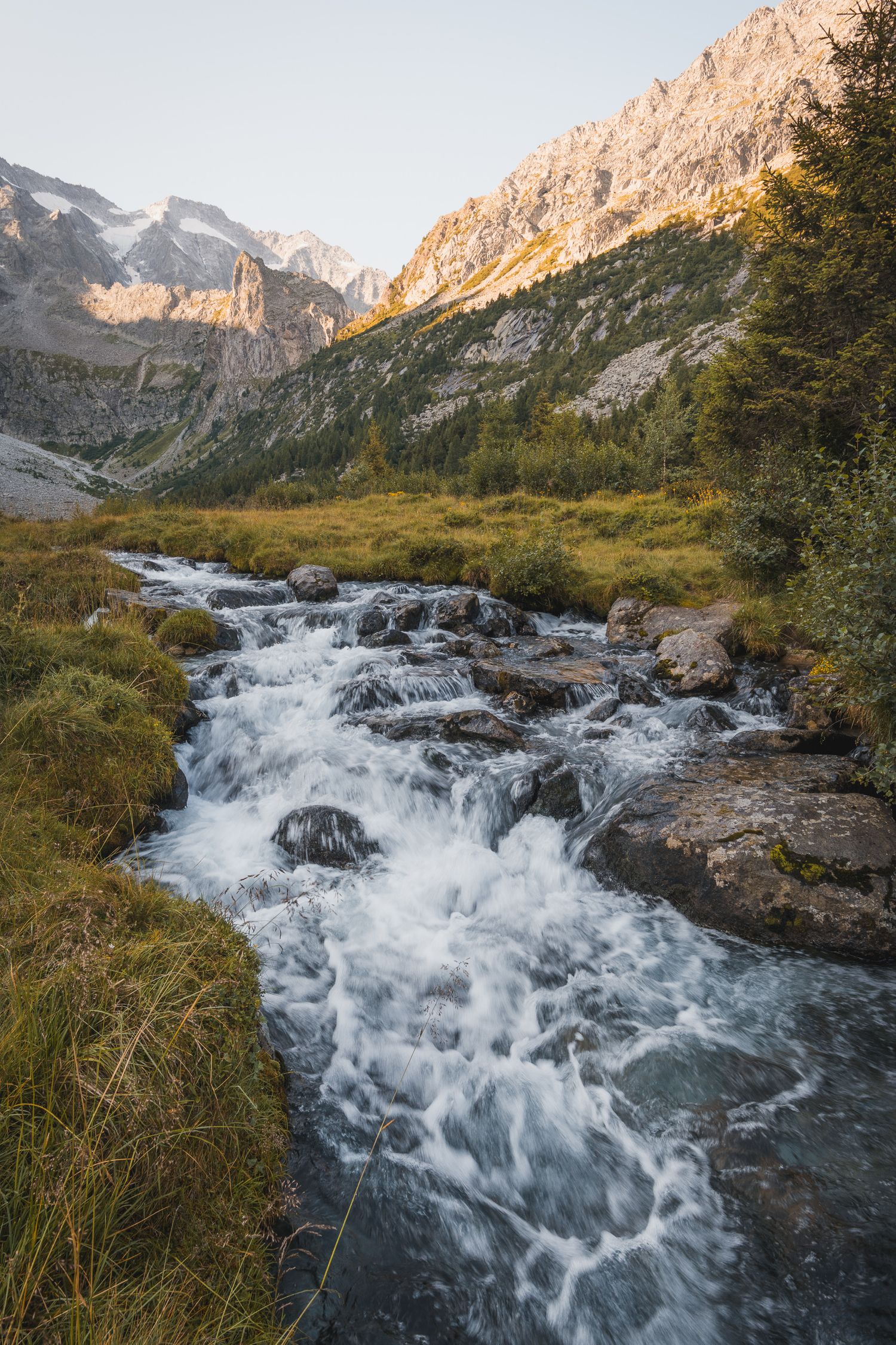 Un torrente alpino d'acqua limpida che scorre impetuoso tra le rocce in un prato verde, con imponenti montagne rocciose e vette innevate.